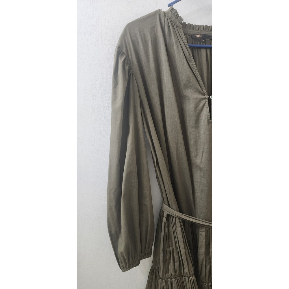 Maje Olive Green Ruffle Tiered Mini Dress Long Sleeve Belted Size 36 US 4 6 - Picture 5 of 8